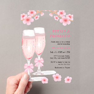 Rosa Schleife Florale Blüten und Prosecco Brautpar Acryleinladungen