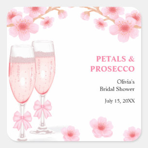 Rosa Schleife Florale Blüten und Prosecco Brautpar Quadratischer Aufkleber