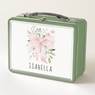Rosa Schleife Florale Grün Coquette Personalisiert Metall Brotdose
