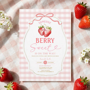 Rosa Schleife Gingham Erdbeere Baby Shower Einladung