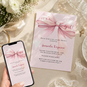 Rosa Schleife, It's a girl Baby Shower Einladung