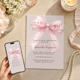 Rosa Schleife, It's a Girl Taupe Baby Shower Einladung