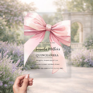 Rosa Schleife klare Quinceanera Acryleinladungen