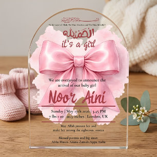 rosa Schleife muslimisches Baby Mädchen Geburt Ank Acryleinladungen