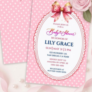 Rosa Schleife & Punkte Mädchen Baby Shower Einladu Einladung