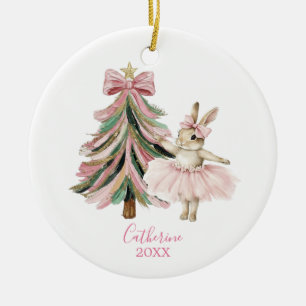 Rosa Schleife Rosa Weihnachts-Hasen-Ballerina Keramik Ornament