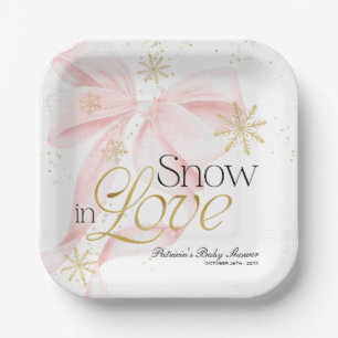 Rosa Schleife Snow in Love Personalisierte Babypar Pappteller