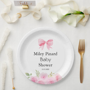 Rosa Schleife und florale Babyparty Pappteller