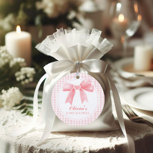 Rosa Schleife und Gingham-Preppy-Baby-Party Geschenkanhänger