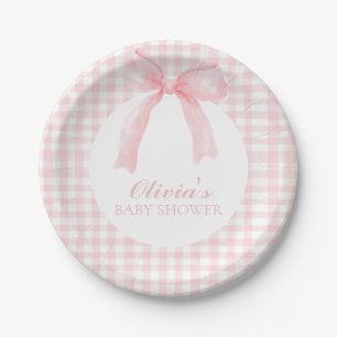 Rosa Schleife und Gingham-Preppy-Babyparty Pappteller