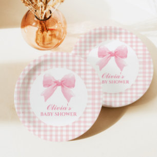 Rosa Schleife und Gingham-Preppy-Babyparty Pappteller