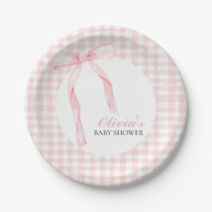 Rosa Schleife und Gingham-Preppy-Babyparty Pappteller