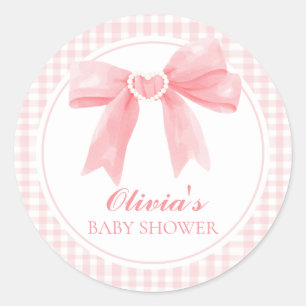 Rosa Schleife und Gingham-Preppy-Babyparty Runder Aufkleber