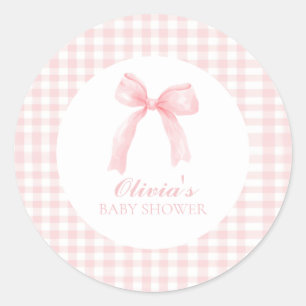 Rosa Schleife und Gingham-Preppy-Babyparty Runder Aufkleber