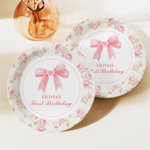 Rosa Schleife und Rosen Kokette 1. Geburtstag Pappteller