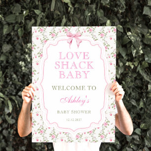 Rosa Schleife Vintage Florale Babyparty Begrüßung Poster