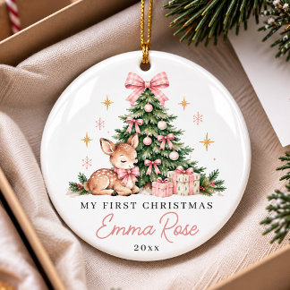 Rosa Schleife Weihnachts Hirsch Erstes Weihnachten Keramik Ornament