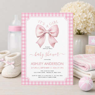 Rosa Schleifen-Baby-Party Gingham Kariert Es ist e Einladung