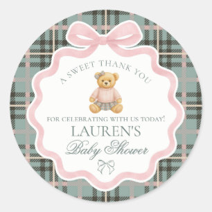 Rosa Schleifen-Bär-Tartan-Baby-Shower-Geschenk Runder Aufkleber