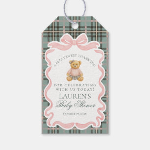 Rosa Schleifen-Bär-Tartan-Babyparty-Geschenke Geschenkanhänger