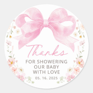 Rosa Schleifen-Blumen-Baby-Shower-Dankeschön-Gesch Runder Aufkleber