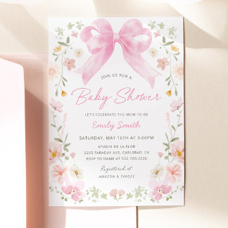 Rosa Schleifen-Blumen-Baby-Shower-Einladung Einladung