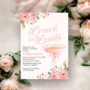 Rosa Schleifen Blumen Brunch und Sprudel Brautpart Einladung
