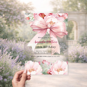 Rosa Schleifen-Blumen klarer Geburtstag Acryleinladungen