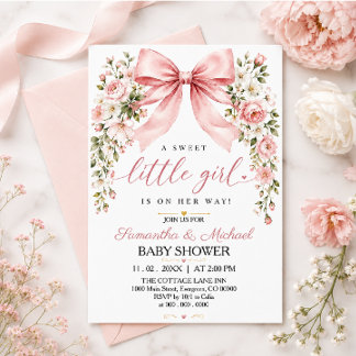 Rosa Schleifen-Blumen-Mädchen-Baby-Party Einladung