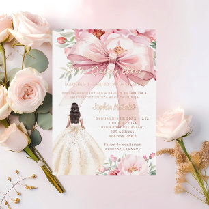 Rosa Schleifen-Blumenkleid Quinceanera in Roségold Folieneinladung