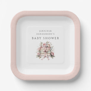 Rosa Schleifen-Buchstapel-Baby-Party Pappteller