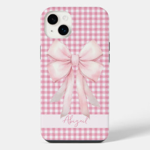 Rosa Schleifen-Gingham-Karo personalisiert iPhone 14 Plus Hülle