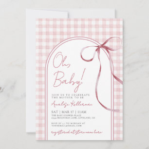 Rosa Schleifen-Gingham-Mädchen-Baby-Party Einladung