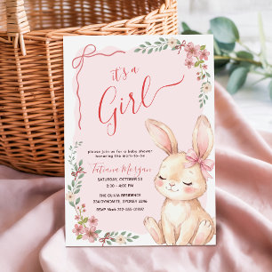 Rosa Schleifen-Häschen Gingham-Blumen Mädchen Baby Einladung