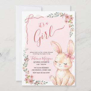 Rosa Schleifen-Häschen Gingham-Blumen Mädchen Baby Einladung