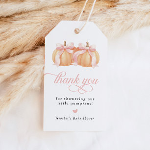 Rosa Schleifen Herbst-Kürbis-Zwillinge Baby Shower Geschenkanhänger
