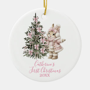 Rosa Schleifen Kiefer Weihnachtsbaum Hase Winter Keramik Ornament