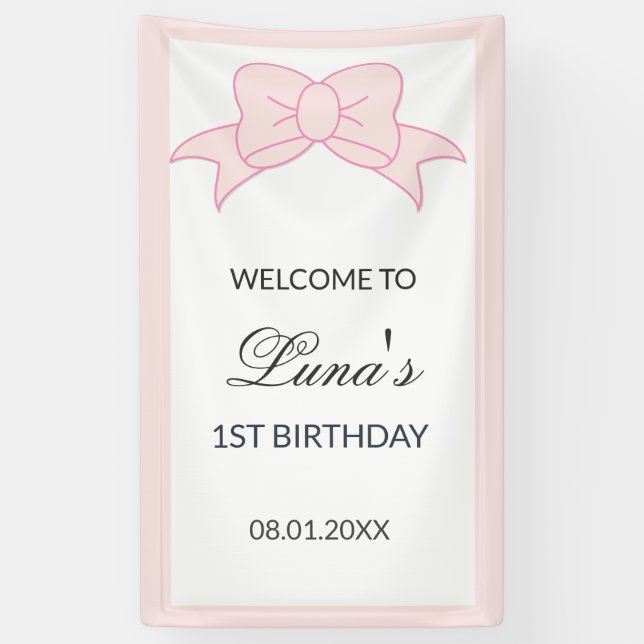 Rosa Schleifen Mädchen 1. Geburtstag Banner (Vertikal)