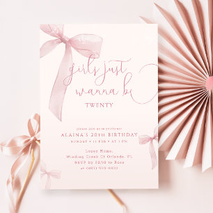 Rosa Schleifen Mädchen wollen einfach nur Zwanzig  Einladung