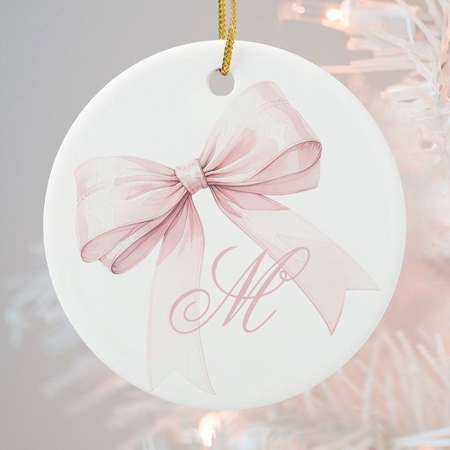 Rosa Schleifen-Monogramm-Weihnachtsanhänger Keramik Ornament (Von Creator hochgeladen)