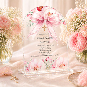 Rosa Schleifen Perlen Blumen Mädchen klare Taufbog Acryleinladungen