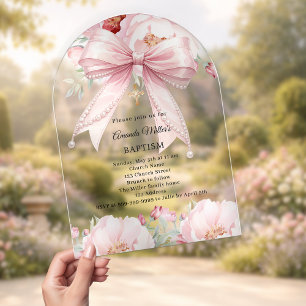 Rosa Schleifen Perlen Blumen Mädchen klare Taufbog Acryleinladungen