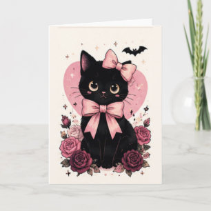 Rosa Schleifen-Rosen-Blumen-Schwarze Katze Karte