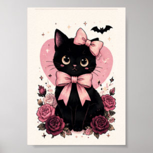 Rosa Schleifen-Rosen-Blumen-Schwarze Katze Poster