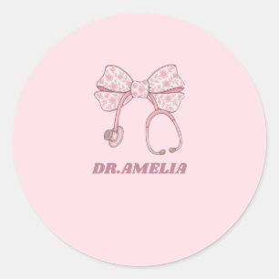 Rosa Schleifen-Stethoskop Arzt Name Design Runder Aufkleber