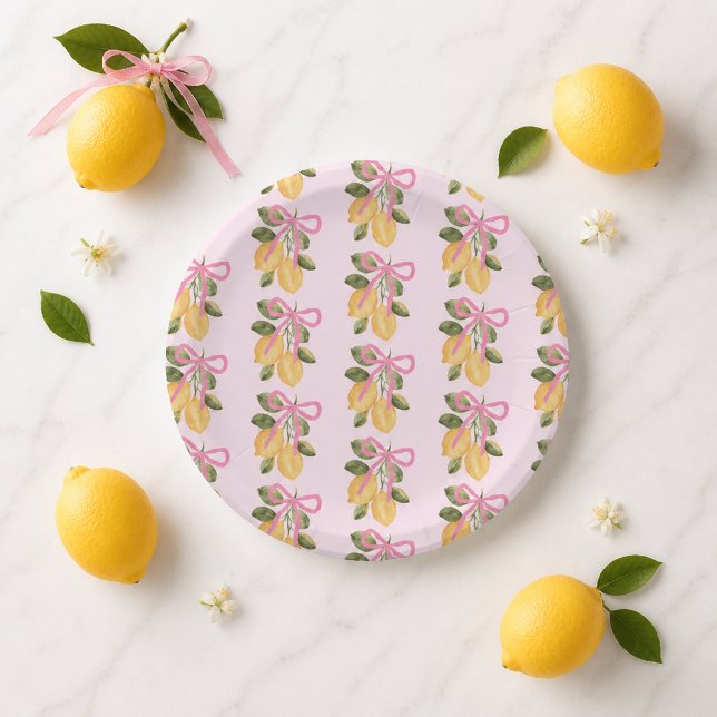 Rosa Schleifen Zitronen Papier Teller (Pink Bow Lemon Paper Plates)