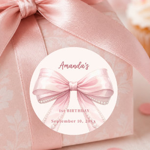 Rosa Schleifenperlen  Kokette Geburtstag Runder Aufkleber