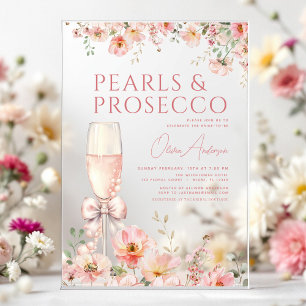 Rosa Schleifenperlen & Prosecco-Junggesellinnenabs Acryleinladungen