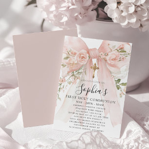 Rosa Schleifenrose Florales Mädchen Erstkommunion Einladung