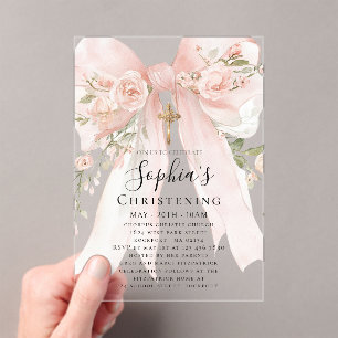 Rosa Schleifenrose Florales Mädchen Taufkleid Acryleinladungen